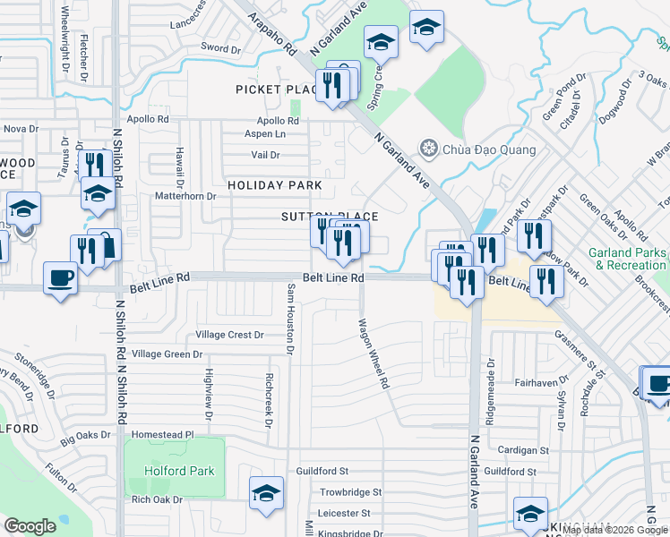 map of restaurants, bars, coffee shops, grocery stores, and more near 1817 Belt Line Road in Garland