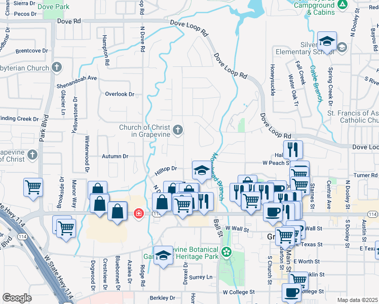 map of restaurants, bars, coffee shops, grocery stores, and more near 703 North Lucas Drive in Grapevine