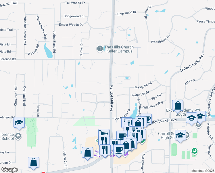 map of restaurants, bars, coffee shops, grocery stores, and more near 2303 Hillside Court in Southlake