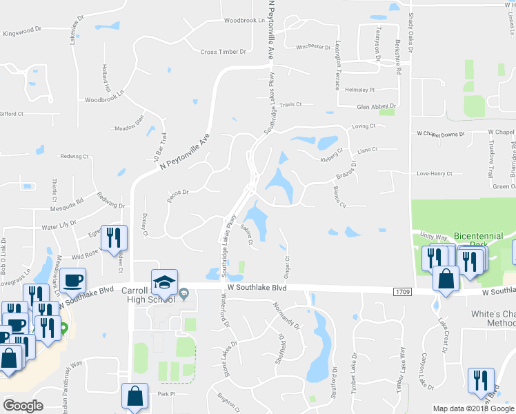 map of restaurants, bars, coffee shops, grocery stores, and more near 400 Bosque Circle in Southlake