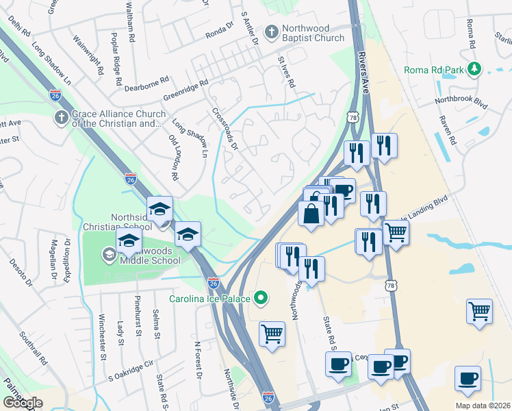 map of restaurants, bars, coffee shops, grocery stores, and more near 8011 Shadow Oak Drive in North Charleston