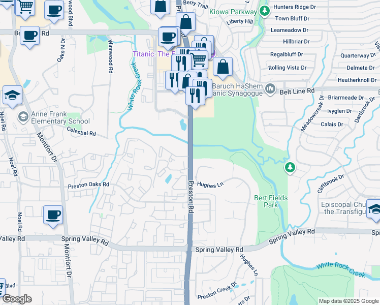 map of restaurants, bars, coffee shops, grocery stores, and more near 14601 Preston Road in Dallas