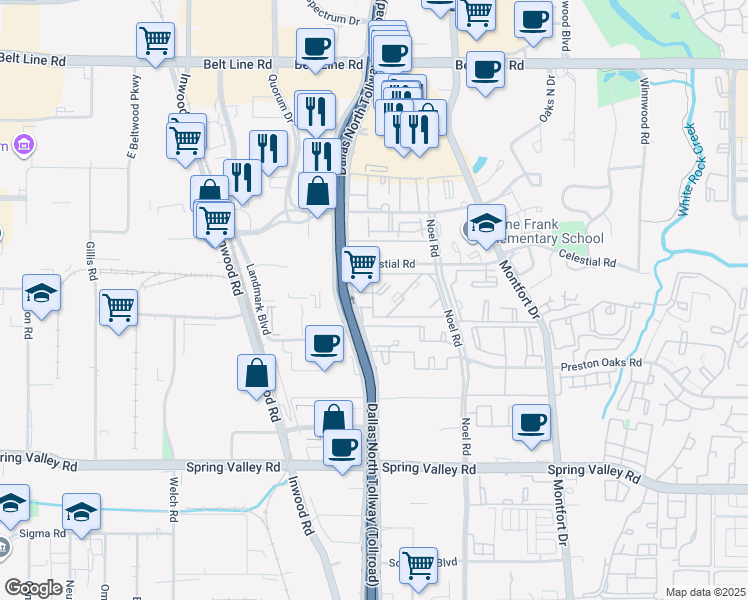 map of restaurants, bars, coffee shops, grocery stores, and more near 14444 Dallas Parkway in Dallas