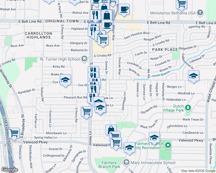 map of restaurants, bars, coffee shops, grocery stores, and more near 14535 Forestdale Lane in Farmers Branch