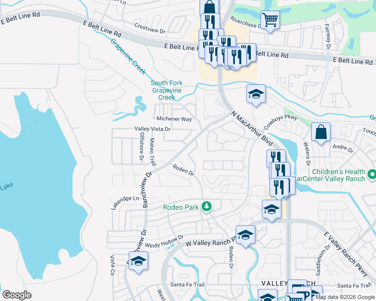 map of restaurants, bars, coffee shops, grocery stores, and more near 10404 Marchant Lane in Irving