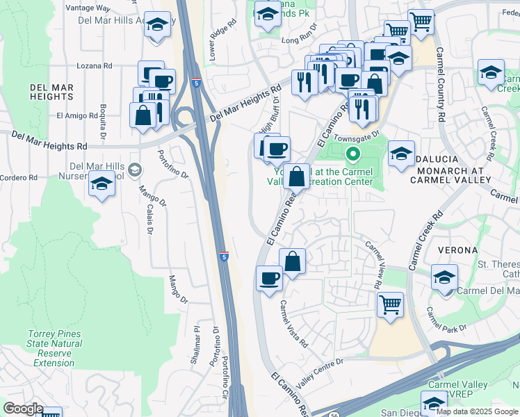 map of restaurants, bars, coffee shops, grocery stores, and more near 12531 High Bluff Drive in San Diego
