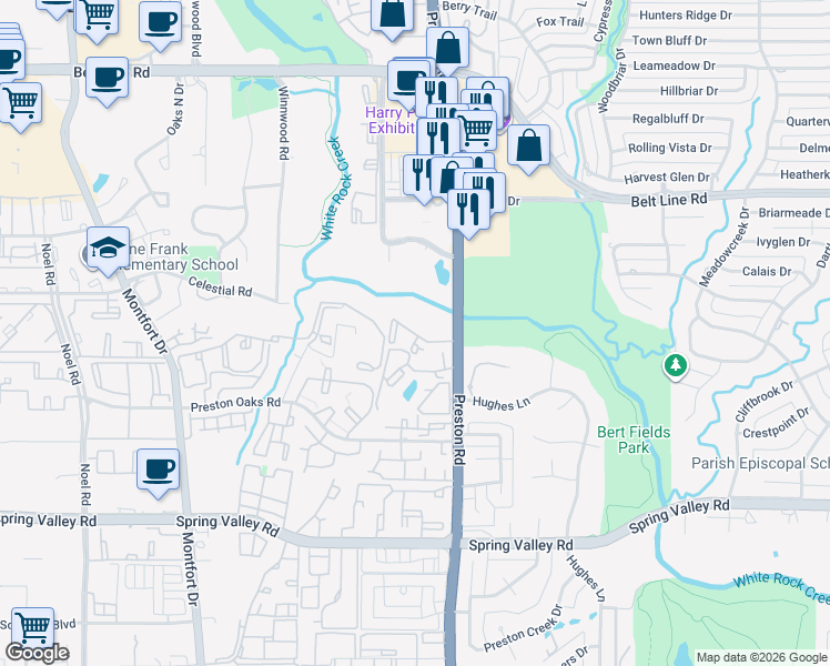map of restaurants, bars, coffee shops, grocery stores, and more near 14455 Preston Road in Dallas