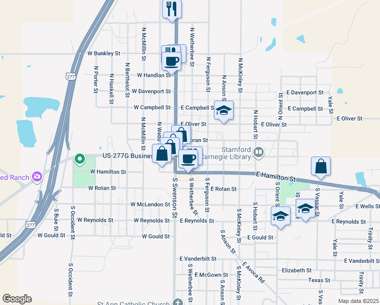 map of restaurants, bars, coffee shops, grocery stores, and more near 127 East McHarg Street in Stamford