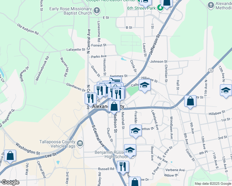 map of restaurants, bars, coffee shops, grocery stores, and more near 61 Jefferson St in Alexander City