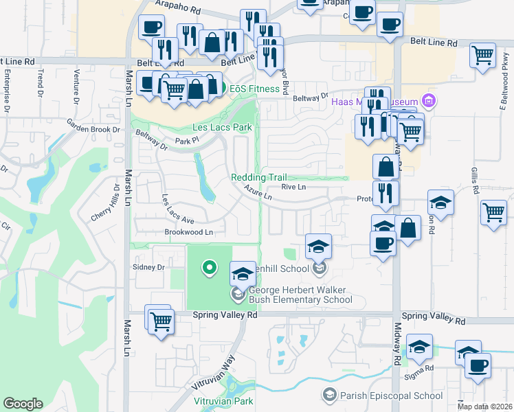 map of restaurants, bars, coffee shops, grocery stores, and more near 3916 Azure Lane in Addison