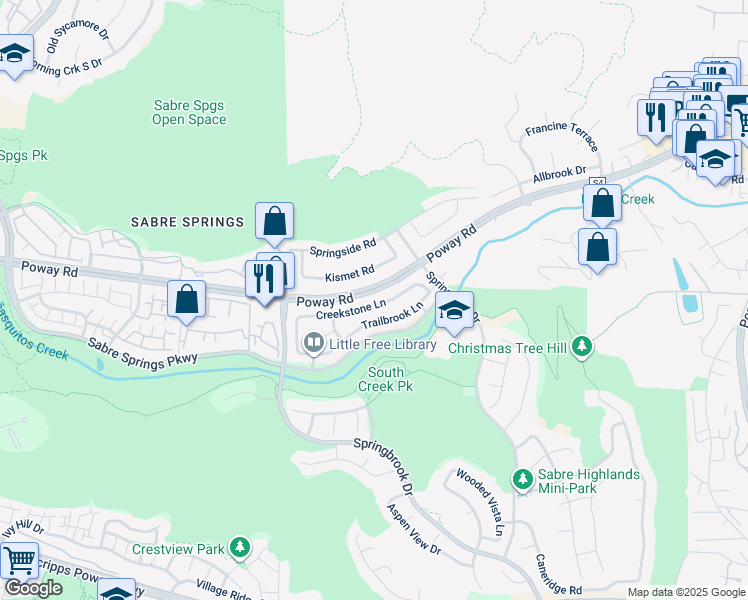 map of restaurants, bars, coffee shops, grocery stores, and more near 11532 Creekstone Lane in San Diego