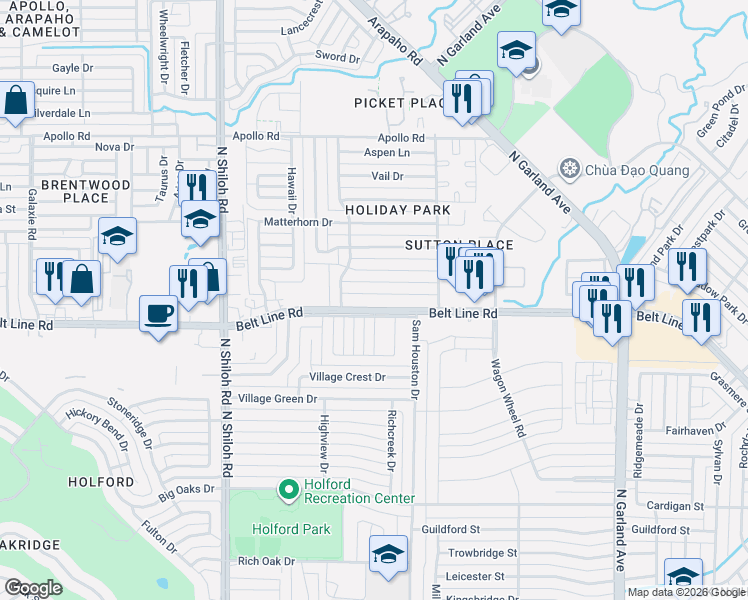 map of restaurants, bars, coffee shops, grocery stores, and more near 2013 Tiehack Lane in Garland
