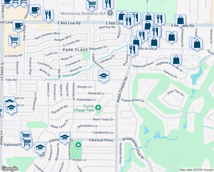 map of restaurants, bars, coffee shops, grocery stores, and more near 3030 Fyke Road in Farmers Branch
