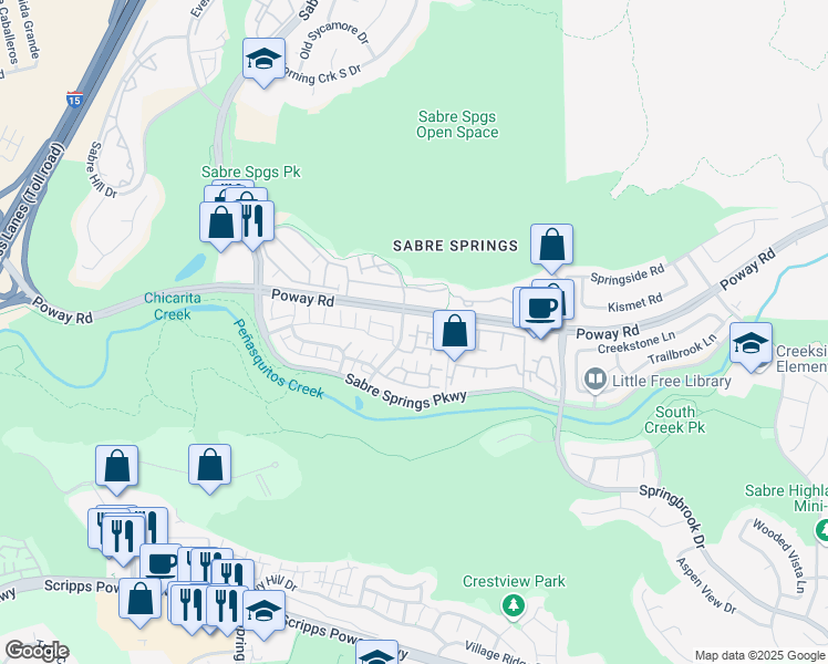 map of restaurants, bars, coffee shops, grocery stores, and more near 12520 Heatherton Court in San Diego