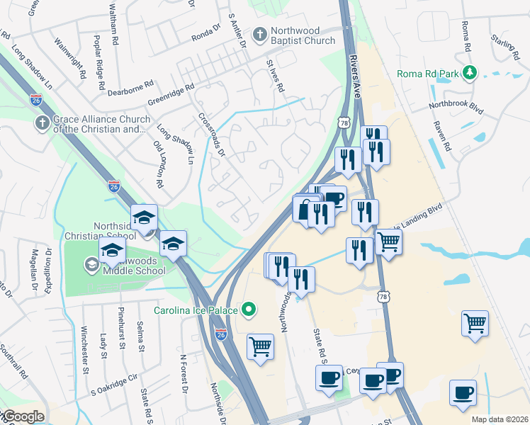 map of restaurants, bars, coffee shops, grocery stores, and more near 5 Crossroads Drive in North Charleston
