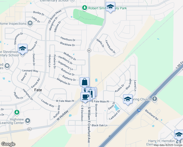 map of restaurants, bars, coffee shops, grocery stores, and more near 601 North William E Crawford Avenue in Rockwall