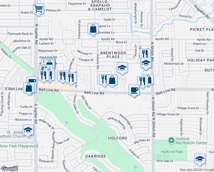 map of restaurants, bars, coffee shops, grocery stores, and more near 2909 Sweet Gum Street in Garland