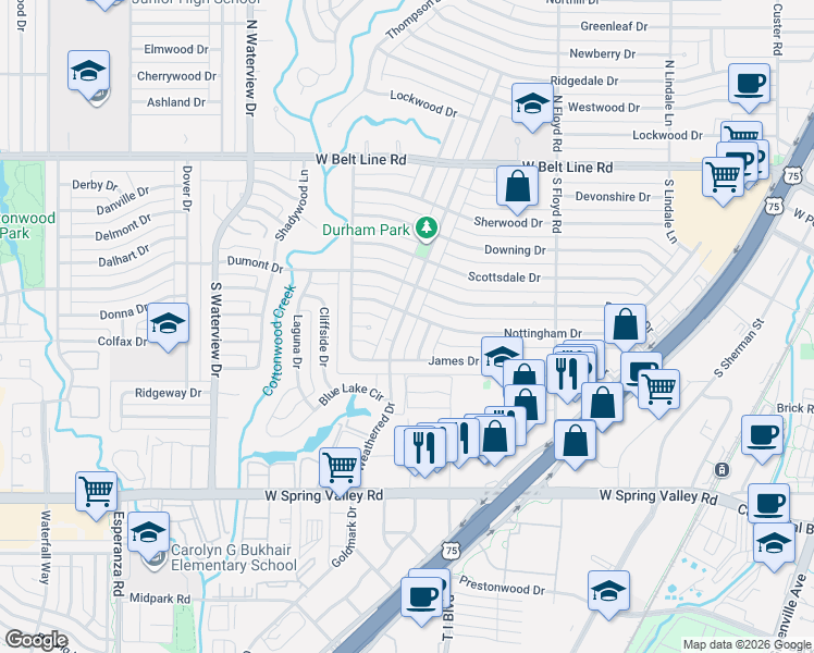 map of restaurants, bars, coffee shops, grocery stores, and more near 700 South Weatherred Drive in Richardson