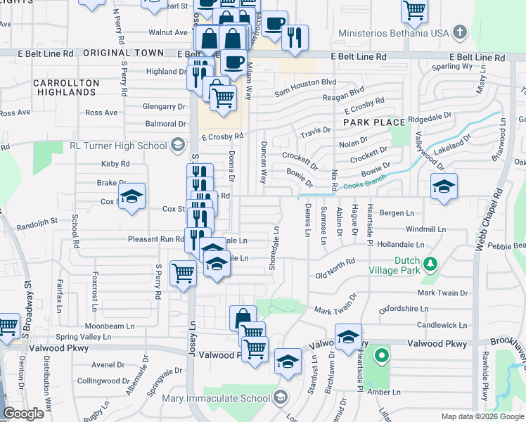 map of restaurants, bars, coffee shops, grocery stores, and more near 2727 Moonriver Lane in Farmers Branch
