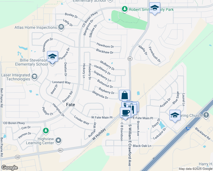 map of restaurants, bars, coffee shops, grocery stores, and more near 335 Butternut Drive in Rockwall