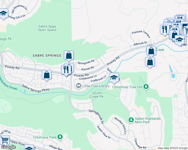 map of restaurants, bars, coffee shops, grocery stores, and more near 11532 Creekstone Lane in San Diego