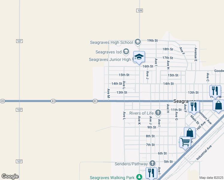 map of restaurants, bars, coffee shops, grocery stores, and more near 1305 Avenue M in Seagraves