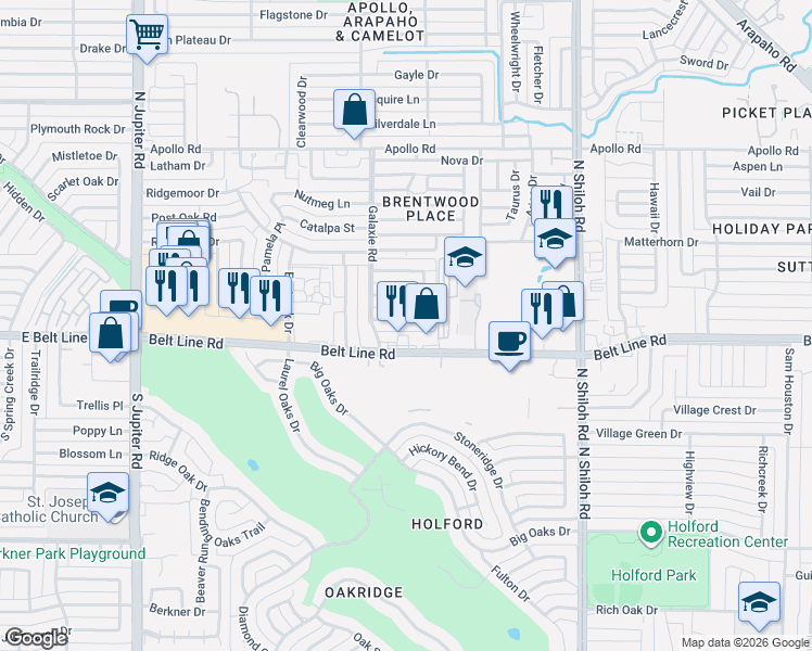 map of restaurants, bars, coffee shops, grocery stores, and more near 2909 Sweet Gum Street in Garland