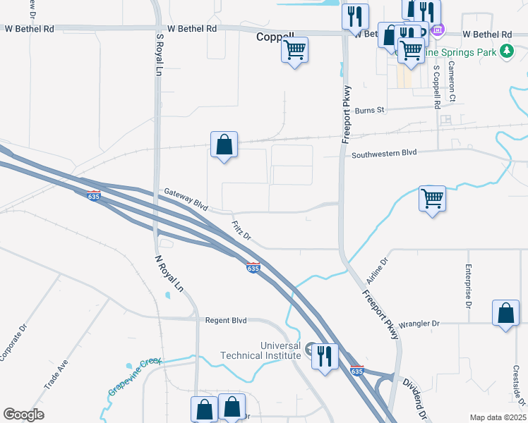 map of restaurants, bars, coffee shops, grocery stores, and more near 710 Gateway Boulevard in Coppell