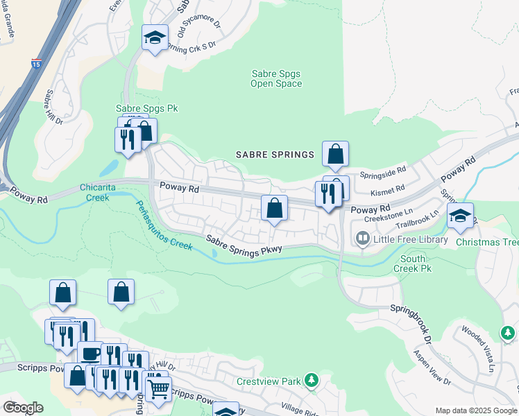 map of restaurants, bars, coffee shops, grocery stores, and more near 12538 Heatherton Court in San Diego