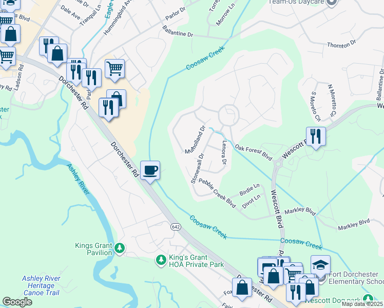 map of restaurants, bars, coffee shops, grocery stores, and more near 5234 Mulholland Drive in Summerville