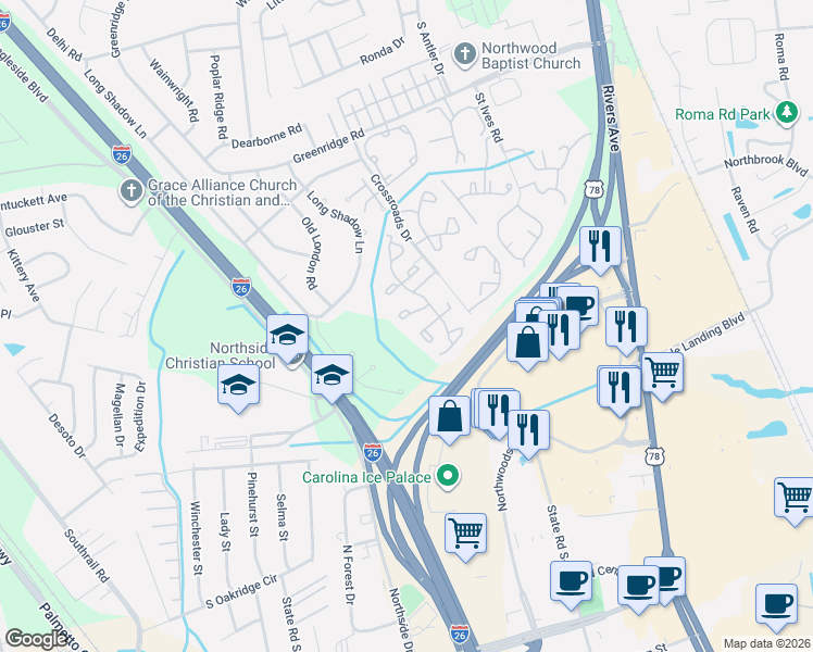 map of restaurants, bars, coffee shops, grocery stores, and more near 8059 Shadow Oak Drive in North Charleston
