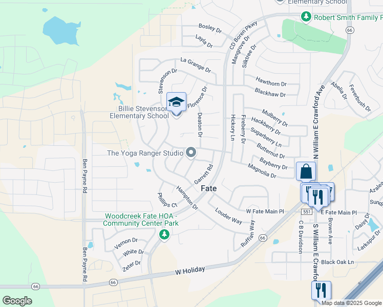map of restaurants, bars, coffee shops, grocery stores, and more near 617 Sawyer Drive in Rockwall
