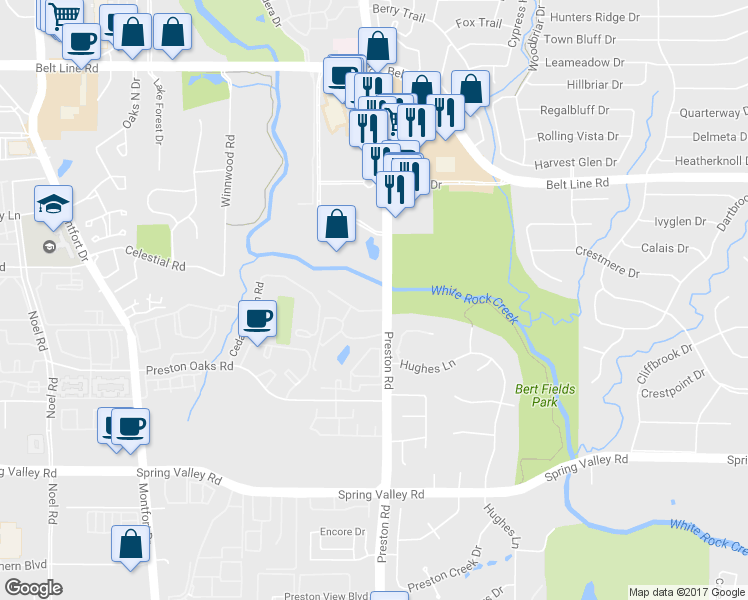 map of restaurants, bars, coffee shops, grocery stores, and more near 14601 Preston Road in Dallas