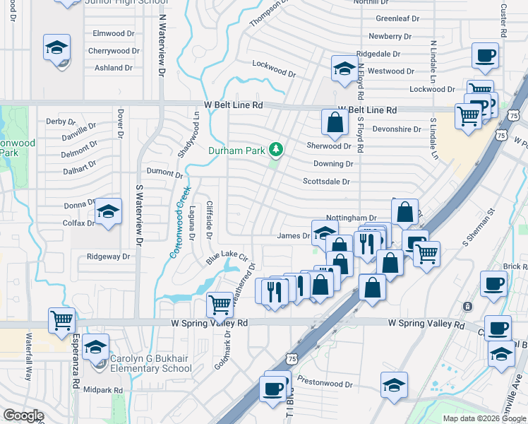 map of restaurants, bars, coffee shops, grocery stores, and more near 700 South Weatherred Drive in Richardson