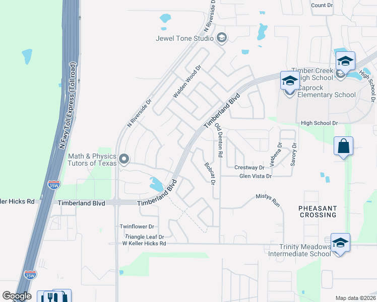 map of restaurants, bars, coffee shops, grocery stores, and more near Timberland Blvd & Lynx Ln in Fort Worth