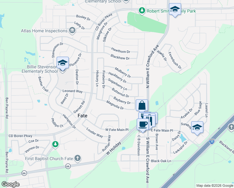 map of restaurants, bars, coffee shops, grocery stores, and more near 413 Butternut Drive in Rockwall