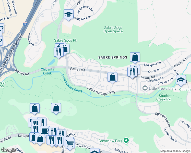 map of restaurants, bars, coffee shops, grocery stores, and more near 12458 Creekview Drive in San Diego