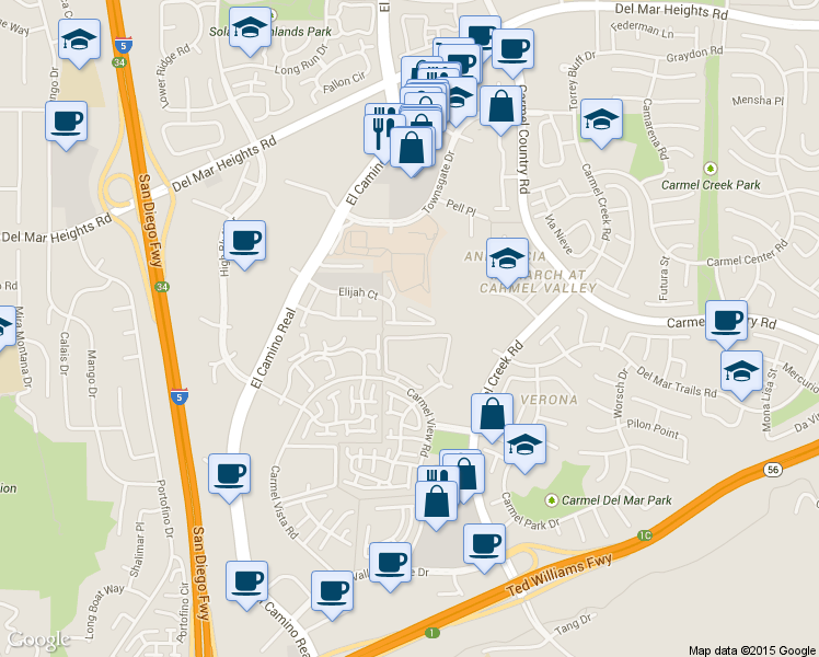map of restaurants, bars, coffee shops, grocery stores, and more near 3825 Elijah Court in San Diego