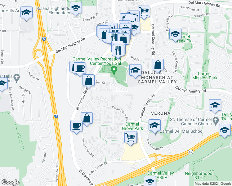 map of restaurants, bars, coffee shops, grocery stores, and more near 3825 Elijah Court in San Diego