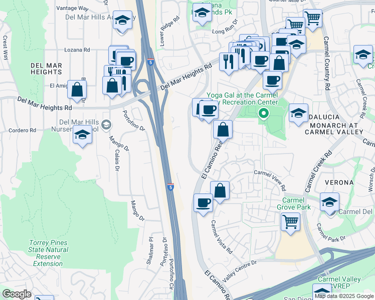 map of restaurants, bars, coffee shops, grocery stores, and more near 12554 High Bluff Drive in San Diego