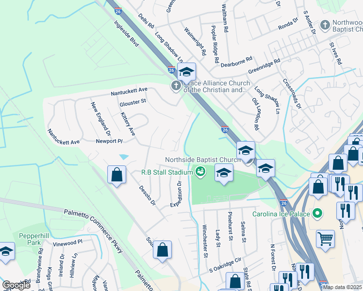 map of restaurants, bars, coffee shops, grocery stores, and more near 2844 Oak Leaf Drive in North Charleston