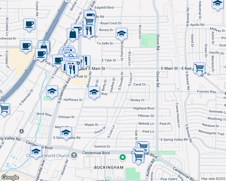 map of restaurants, bars, coffee shops, grocery stores, and more near 211 Pauline Drive in Richardson