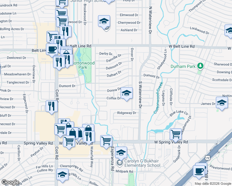 map of restaurants, bars, coffee shops, grocery stores, and more near 1227 Donna Drive in Richardson