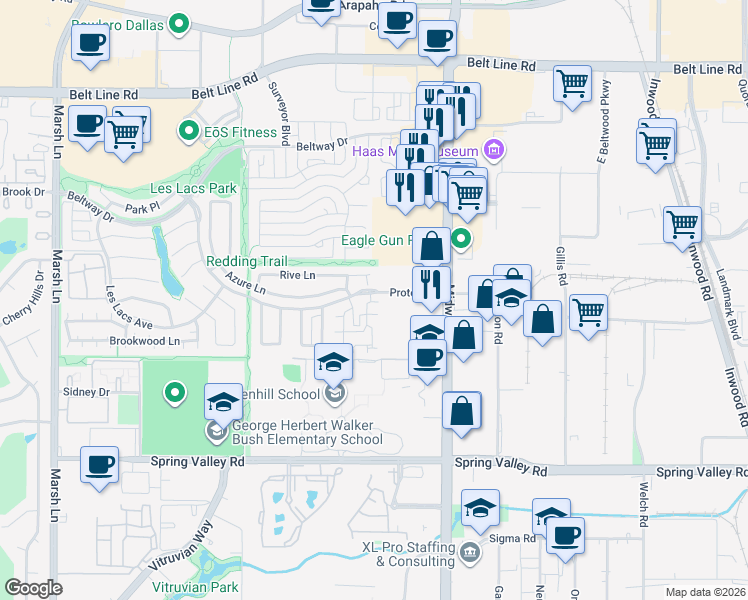 map of restaurants, bars, coffee shops, grocery stores, and more near 4135 Eastman Way in Addison