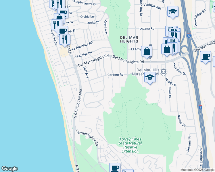 map of restaurants, bars, coffee shops, grocery stores, and more near 13605 Pine Needles Drive in Del Mar