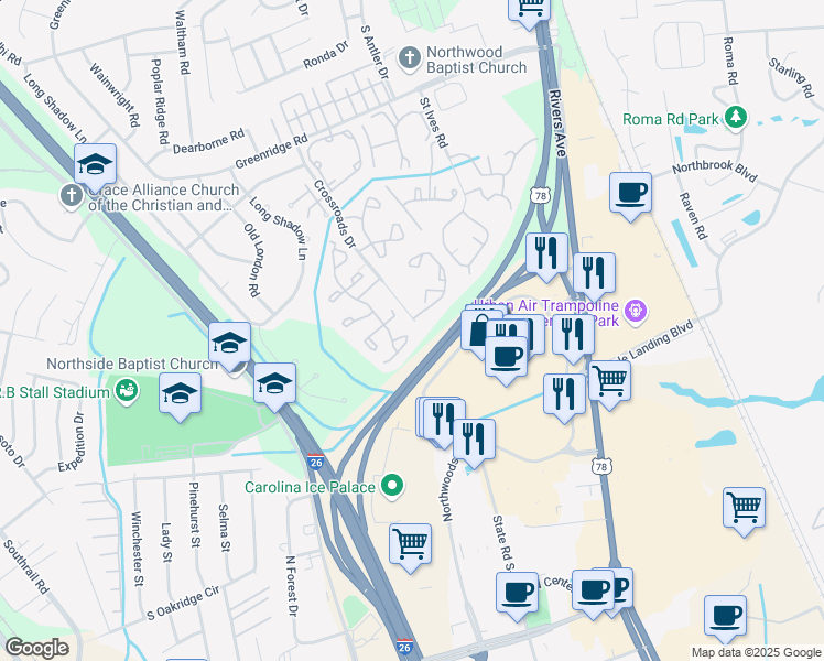 map of restaurants, bars, coffee shops, grocery stores, and more near 7942 Shadow Oak Drive in North Charleston
