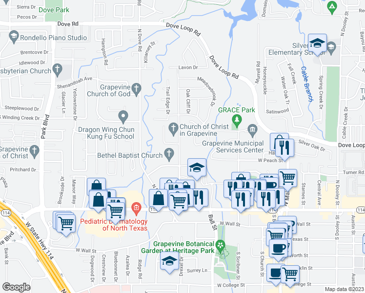 map of restaurants, bars, coffee shops, grocery stores, and more near 618 North Lucas Drive in Grapevine
