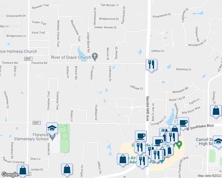 map of restaurants, bars, coffee shops, grocery stores, and more near 2503 Hillside Court in Southlake