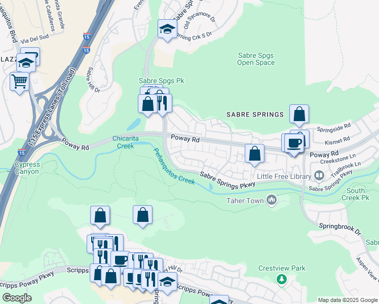 map of restaurants, bars, coffee shops, grocery stores, and more near 10983 Creekbridge Place in San Diego