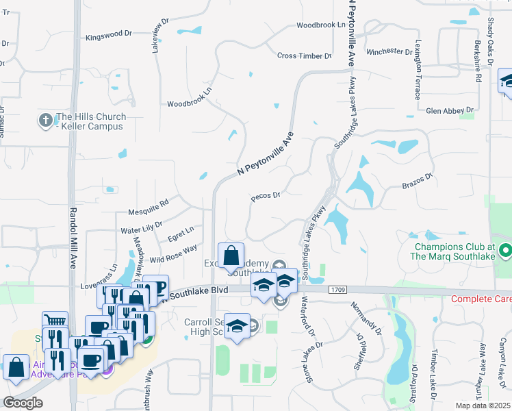 map of restaurants, bars, coffee shops, grocery stores, and more near 1409 Pecos Drive in Southlake
